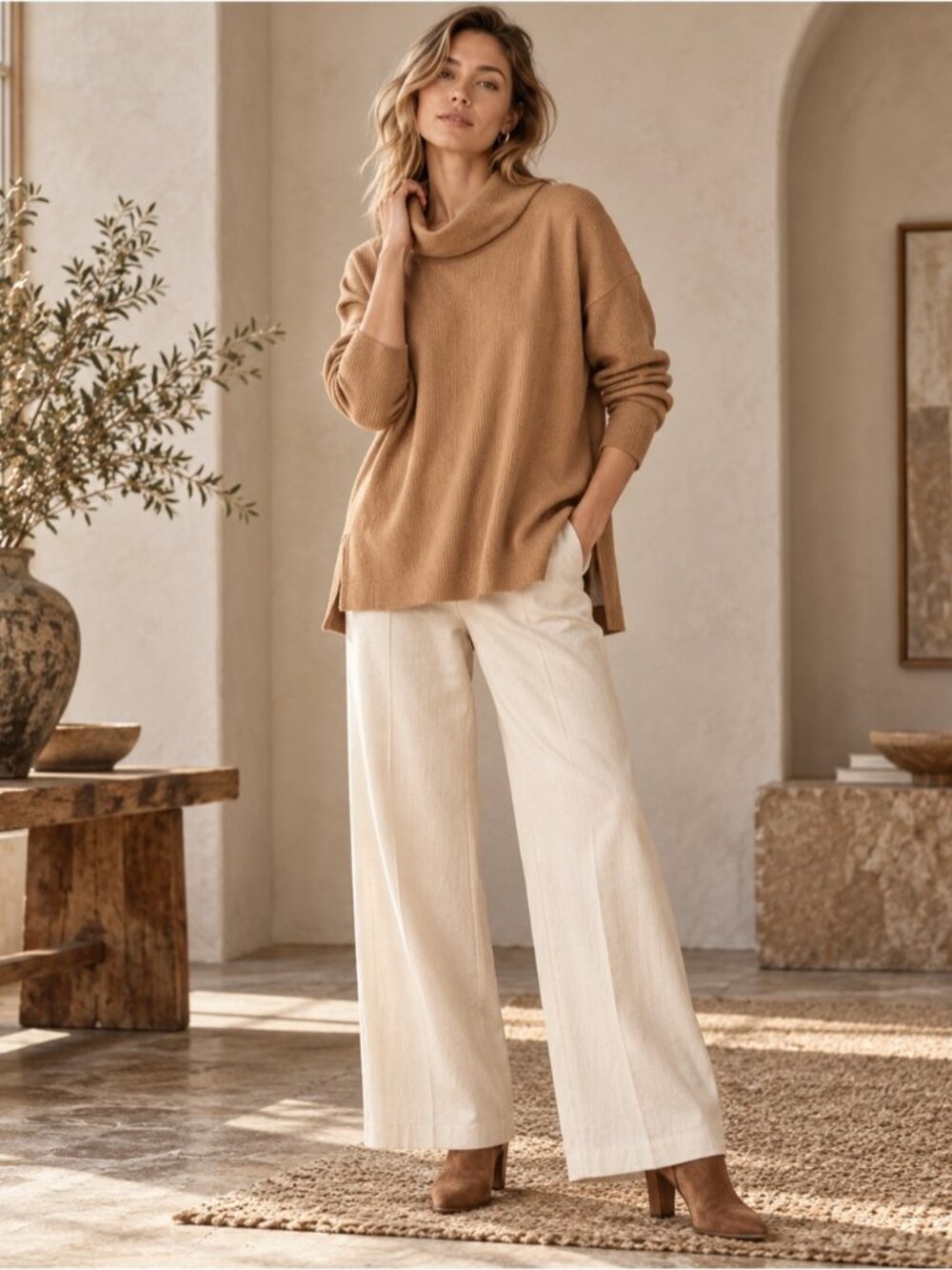 Anthropologie Cowl Neck Tunic Fuzzy Sweater XS Camel High Low Side Slit